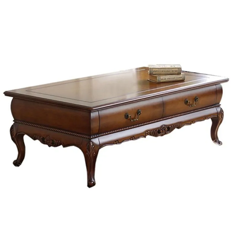 American solid wood coffee table European living room retro tea table engraving design storage French light luxury high-end wood