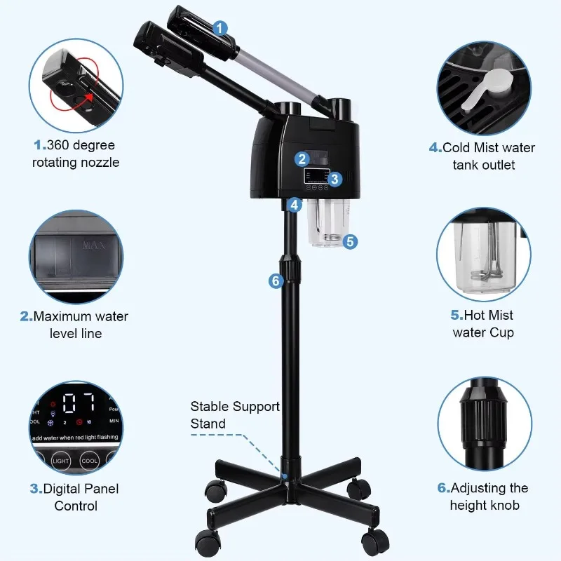 Professional 2 in 1 Black Facial Steamer Hot&Cold Nozzle Ozone Vaporizer Touch Lcd Display Face Steamer for Beauty Salon Spa