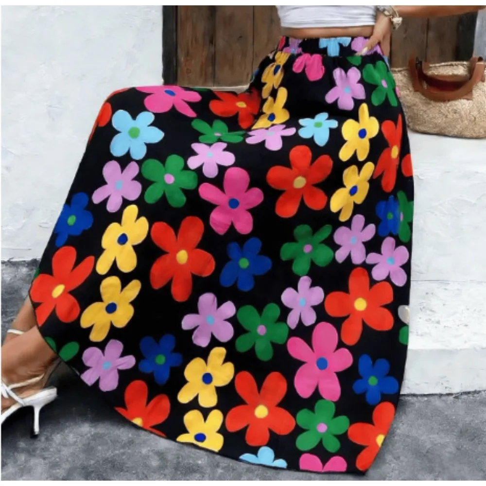 Women Rose Print Maxi Skirt High Waist Draping Large Swing Umbrella Skirt Summer Elegant Commute Vacation Skirt