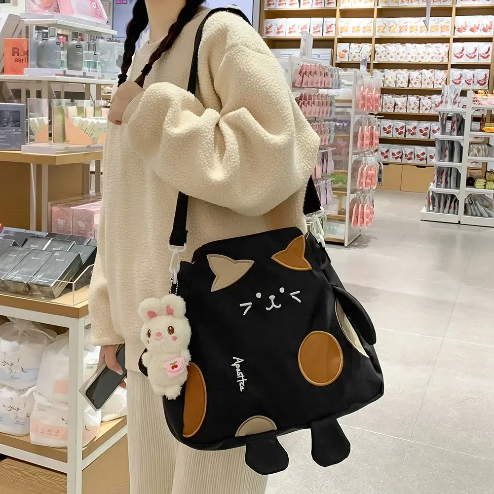 

Cute Cat Shape Crossbody Bag Kawaii Ladies Messenger Bag Large Capacity with Pendant Nylon Adjustable Strap for Weekend Vacation