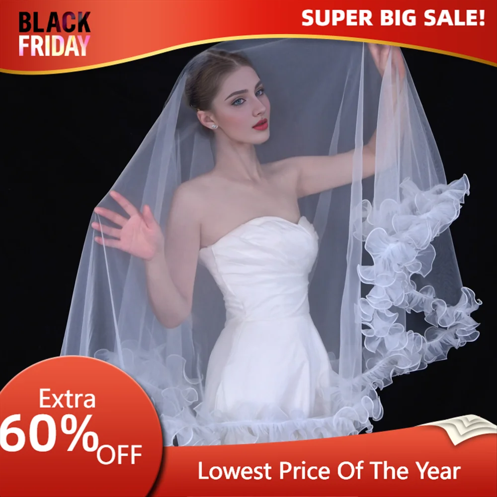 TOPQUEEN New Design Bridal Veil Lace Curled Double Layer Blusher Ivory Wedding Veil Without Hair Comb V212