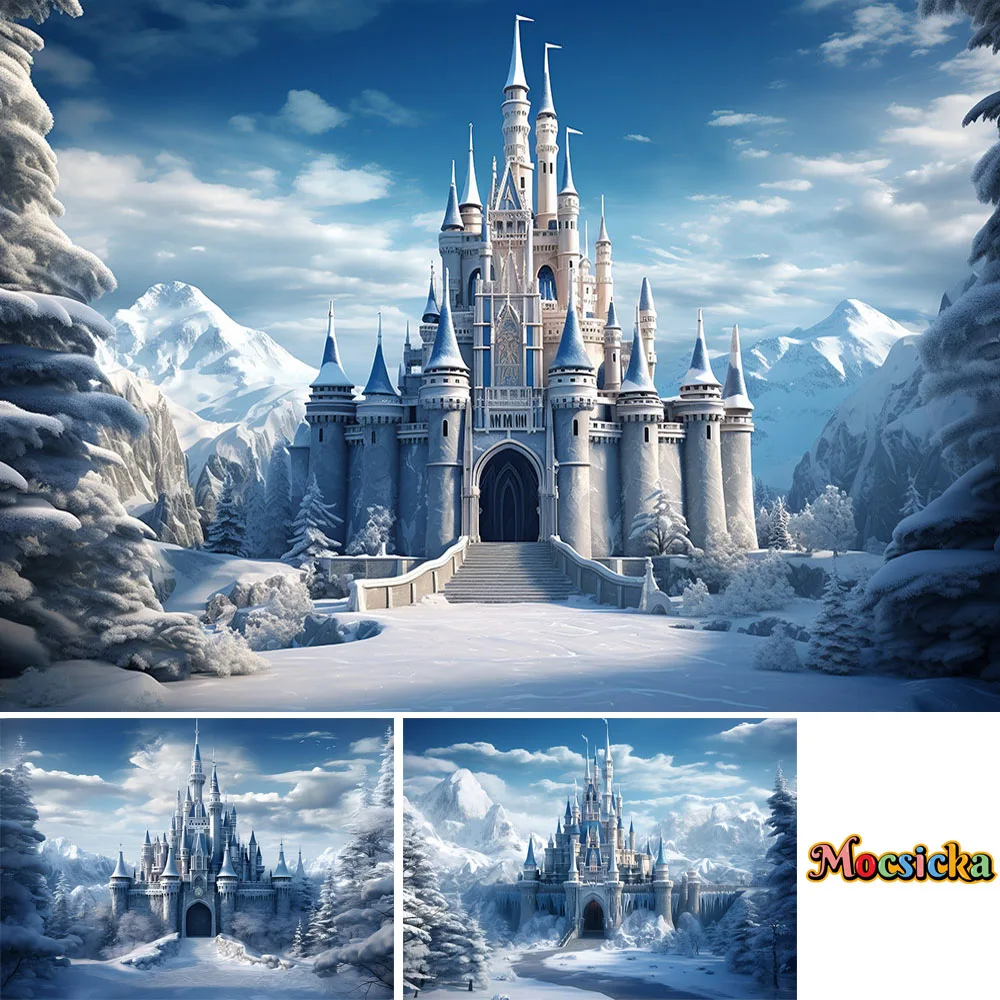 

Winter Wonderland Snow Castle Photography Backdrop Natural Scenery Blue Sky White Clouds Kids Birthday Portrait Photo Background