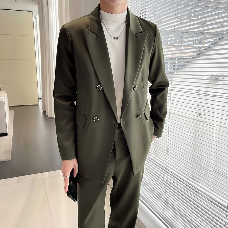 

Korean Sle Luxury oulder Pad Suit Jaet Men's High-End Street Personali Satin Acetate Suit Set Stand Fit Long Sve