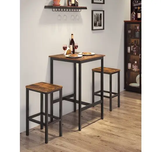 VASAGLE bar table set, dining table (60x60x90 cm) with 2 bar high bars