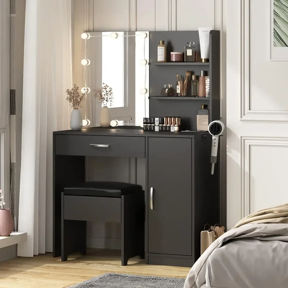 Drawer Table with Lighting Mirror & Power Strip Dressing Vanity Table with Lights 35in Makeup Vanity Desk