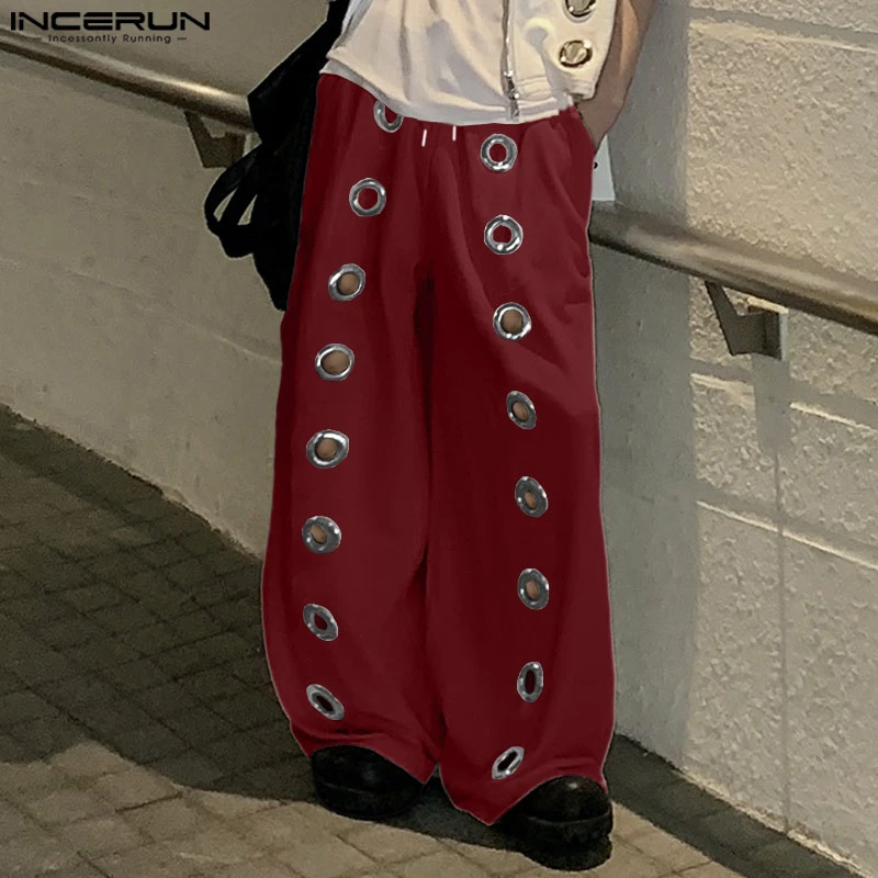 INCERUN Men Pants Solid Color Drawstring Joggers Loose Hollow Out Trousers Men Streetwear 2025 Fashion Casual Long Pants S-5XL