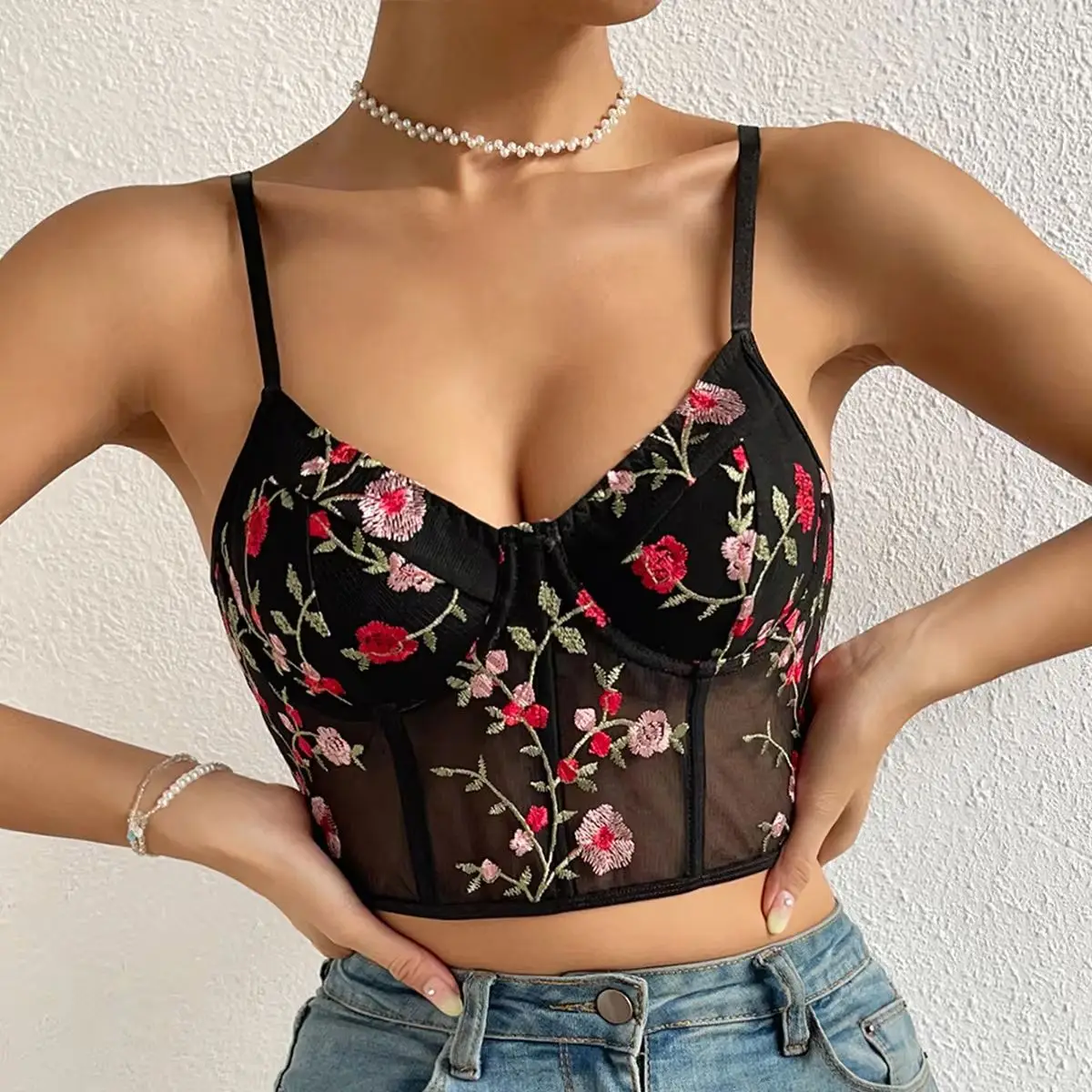 Women's Sleeveless Embroidery Floral Bustier Mesh Crop Tops Open Back Corset Buckle Female Sling Tank Top Lingerie Slim Camisole