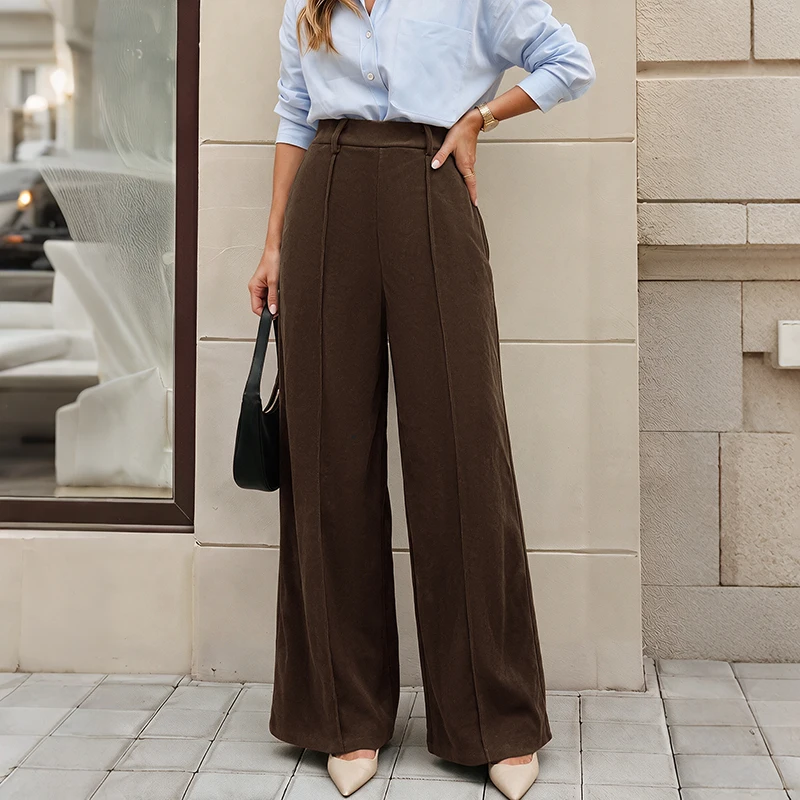 Pantalones largos casuales de pana marrón de talle alto y corte amplio, coloridos, novedad de otoño 2026 para mujer