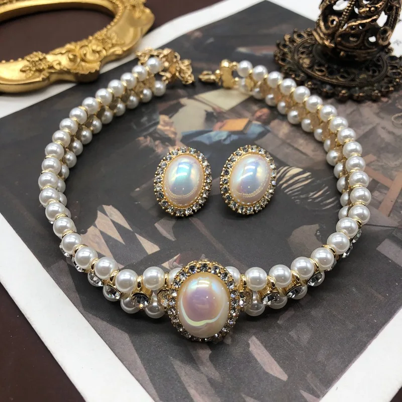 Western Retro Mabe Pearl Necklace bracelet Earrings Studs Ear Clip Dress Necklace Women