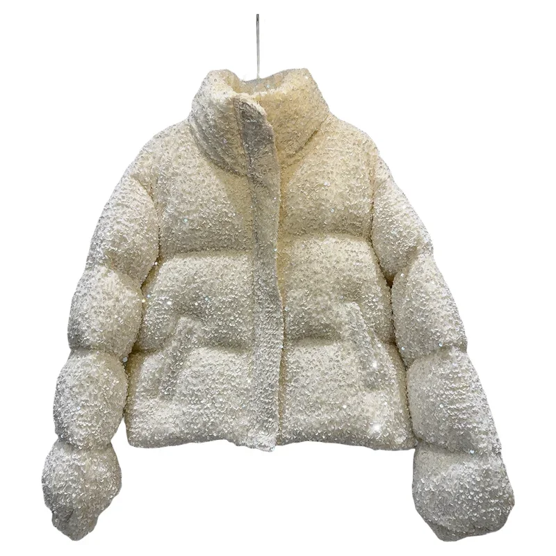 Sparkling Sequins Heavy Industry Warm Bread Jacket Womens 2024 Winter New Sweet and Cool Girls Down Jacket Milky White