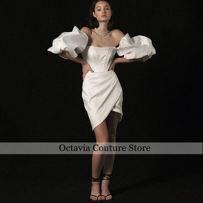 

Made New White Satin Fashion Strapless Pleat and Puffy Sleeve Mini Party Gown Evening Dress Robes De Soirée Customized