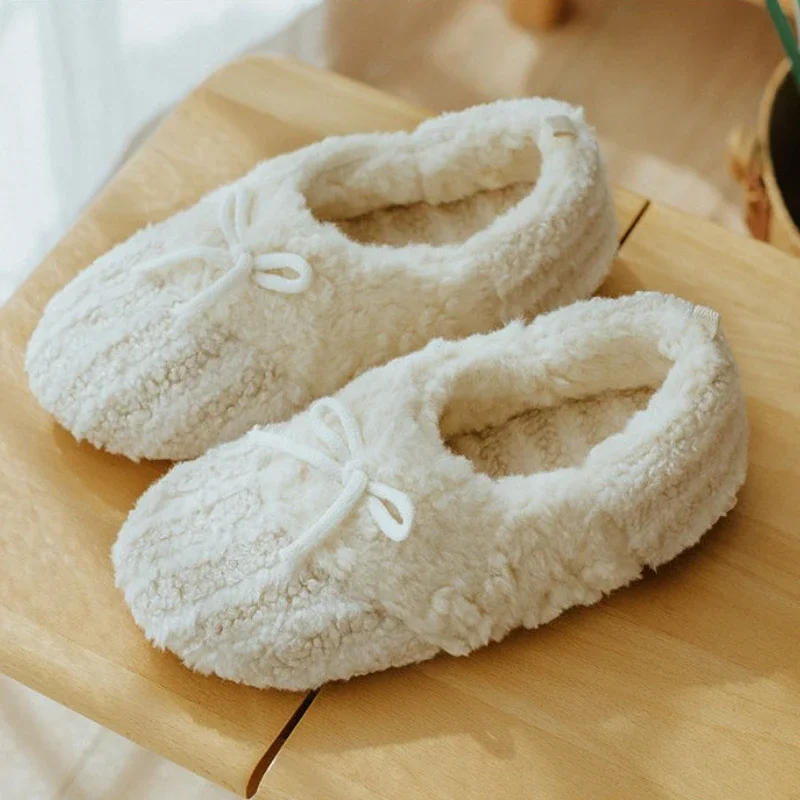 Women's Bow Knot Fleece Lined Soft Sole Silent Indoor Slippers for Maternity Postpartum Winter Warm Slip Resistant Closed Back
