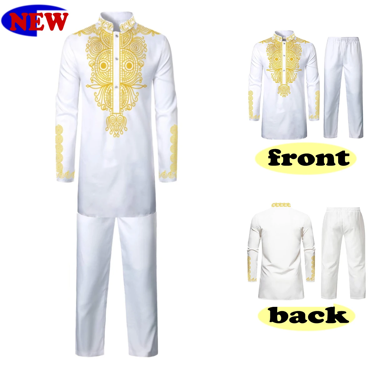 Pure White Men's 2 Piece African Dashiki Shirt and Pants Set, Gold Print Tribal Suit