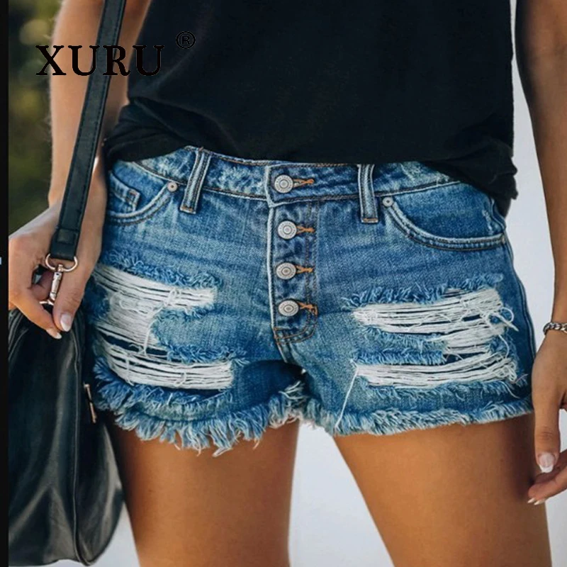 XURU - New Women's Ripped Denim Shorts, Straight Leg Pants, Jeans, Summer Pants