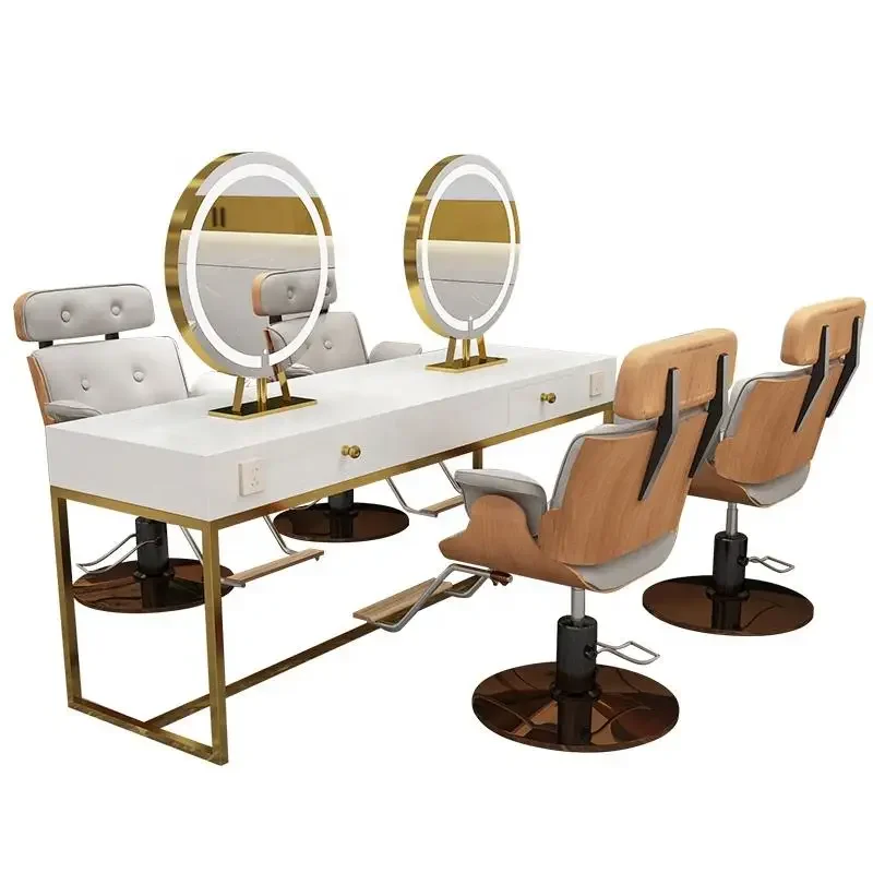 

Led Mirror Station Double Side Barber Salon Shop Mirror Station Table Gold White Beauty Salon Furniture Modern Luxury 2023 Cheap
