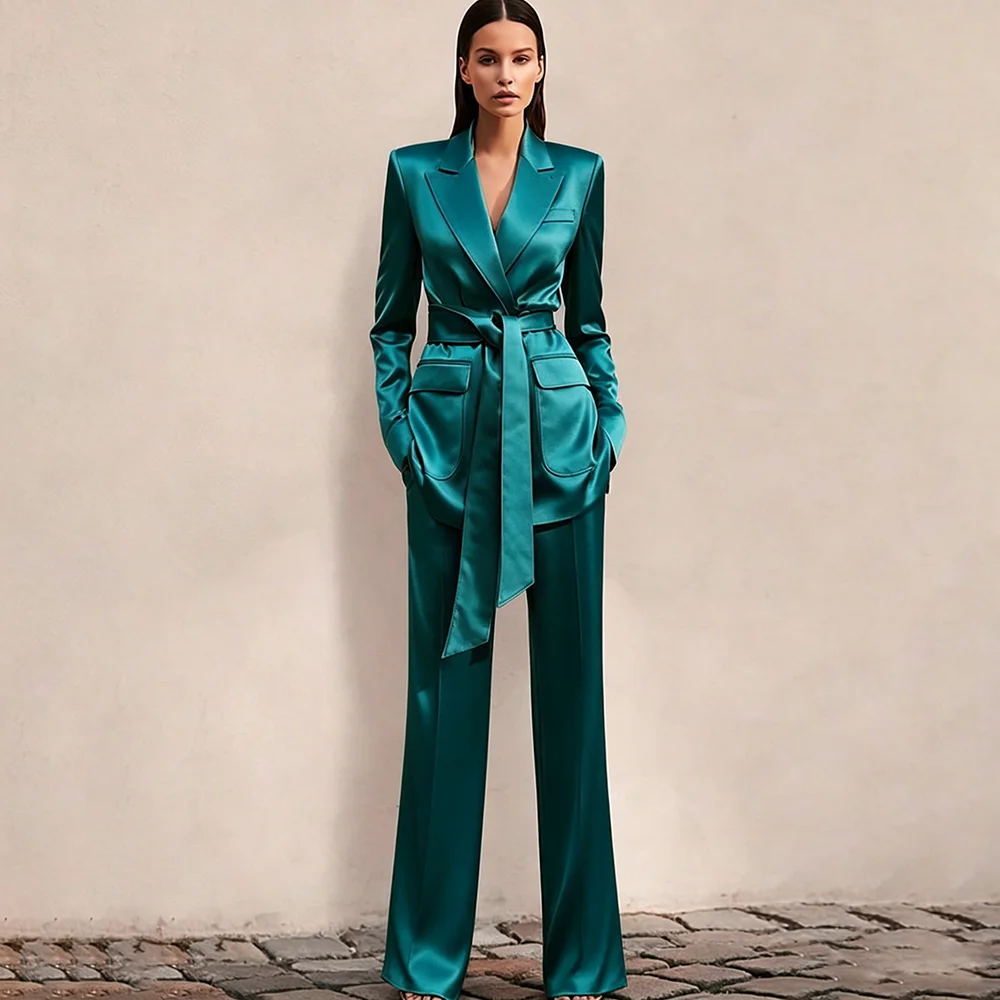 Elegant Women's Peacock Blue Satin Belted Blazer Suit Tailored Slim Fit 2 Piece Jacket+Pants Set Formal Office Lady Outfit