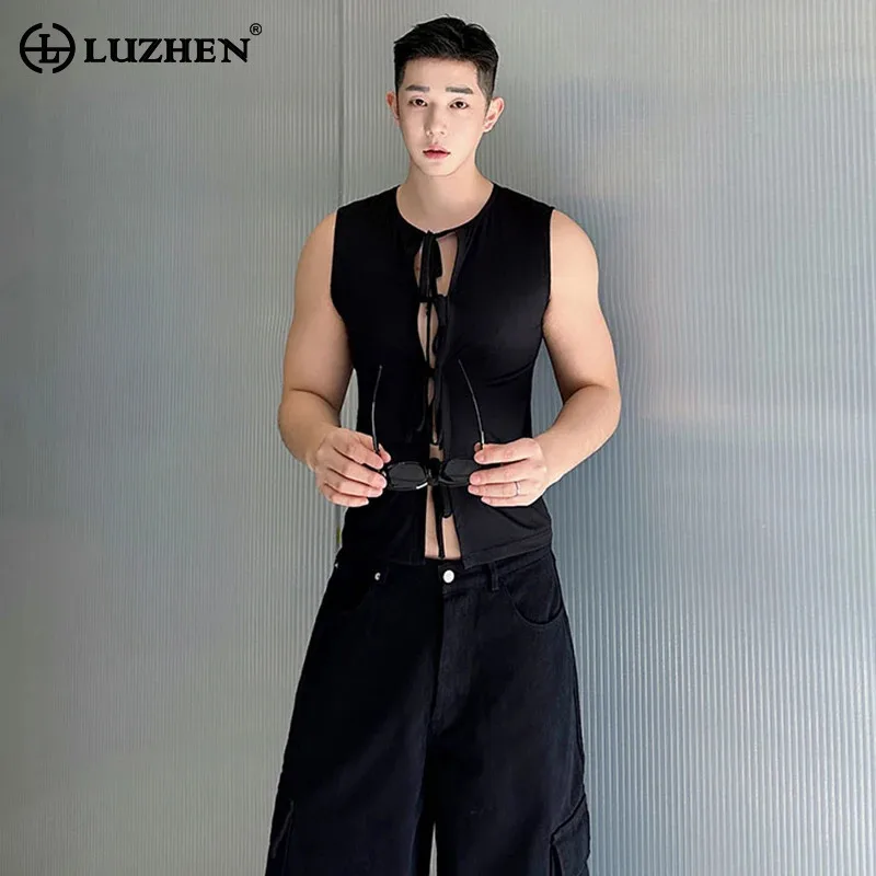 

LUZHEN Original Personalized Drawstring Placket Design Solid Color Sleeveless T-shirt Men's 2025 Summer Elegant Tank Tops JY1774