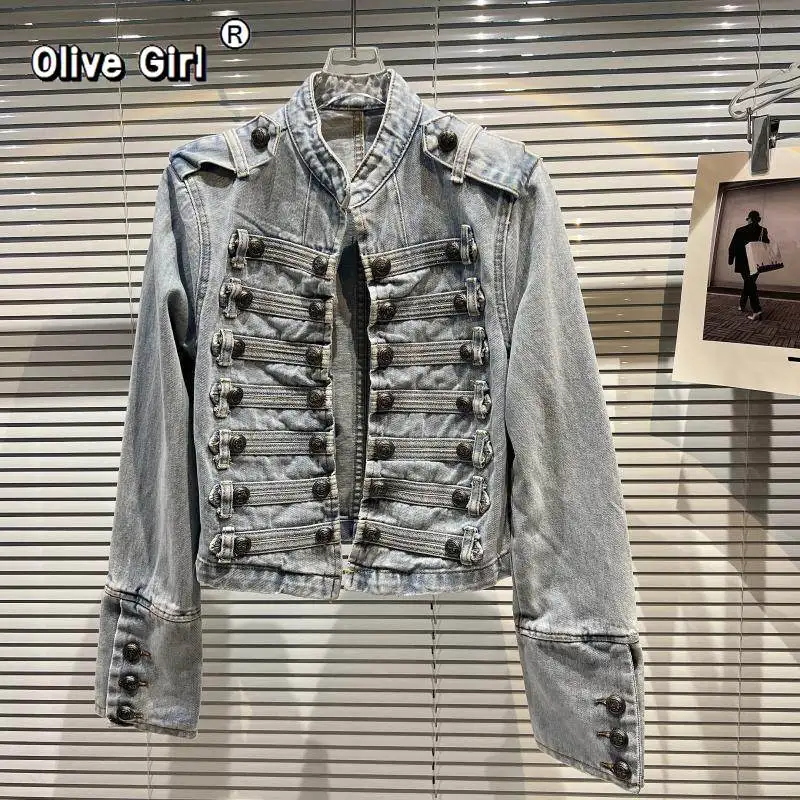 Olivegirl Spring Autumn Fashion Metal Buckle Design Shoulder Strap Denim Short Jacket for Women Coat High Street Coat Female