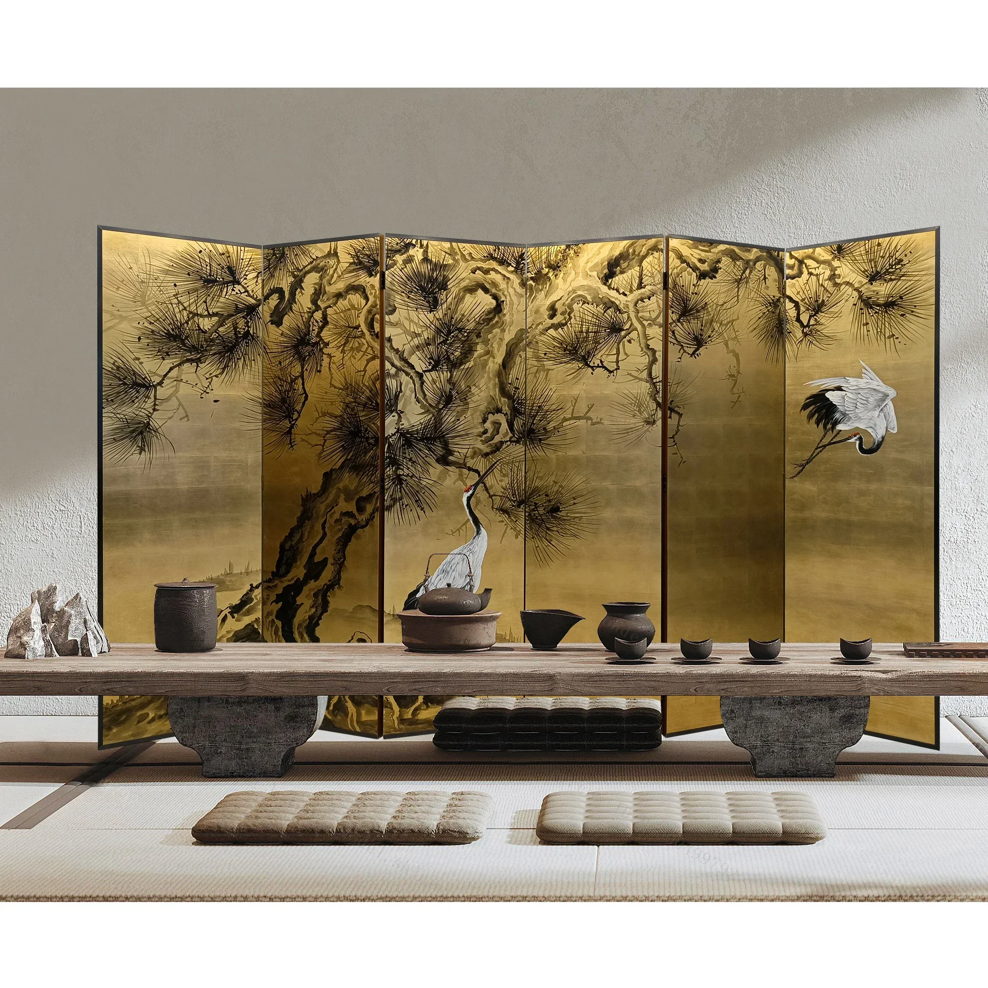 Custom hand-painted Japanese gold foil ancient pine crane classical wood lacquer painting folding screen teahouse background