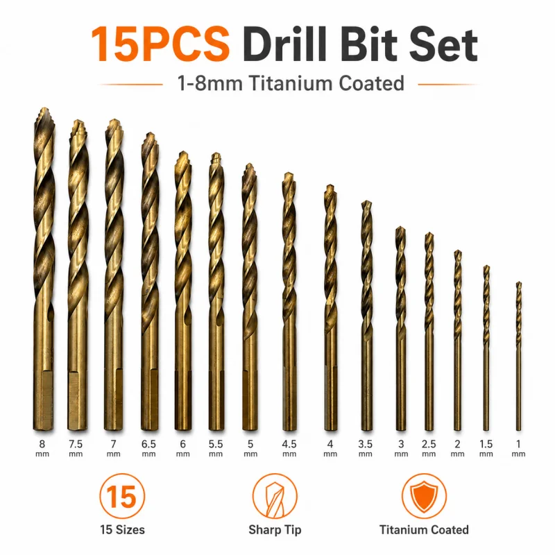 1-8mm Titanium Drill Bit Set 15PCS Sharp Screw Tip Twist Drill Bits Multipurpose Drilling Kit with Transparent Case