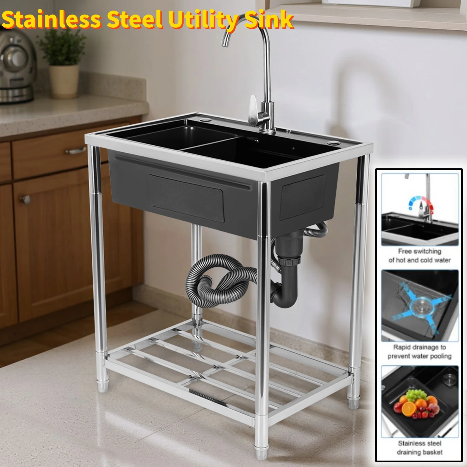 Wastafel Stainless Steel Model Free Standing dengan Keran 31.5x28.35x19.29 inci, Wastafel Komersial untuk Dapur, Kamar Mandi, dan Ruang Cuci