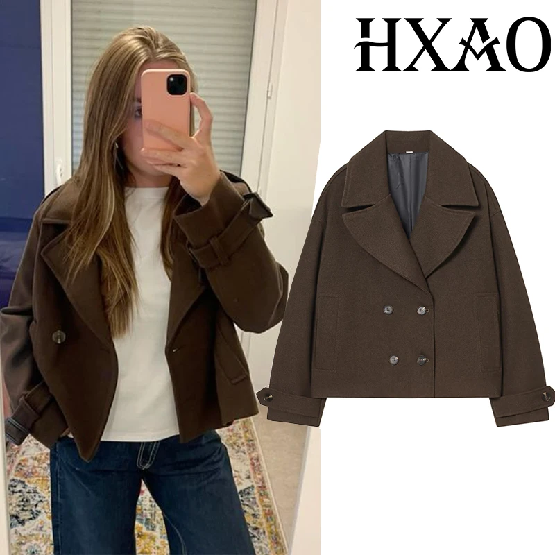 

HXAO женские пальто укороченная твидовая куртка зимнее пальто женская двубортная коричневая куртка на пуговицах пальто с длинными рукавами новые куртки