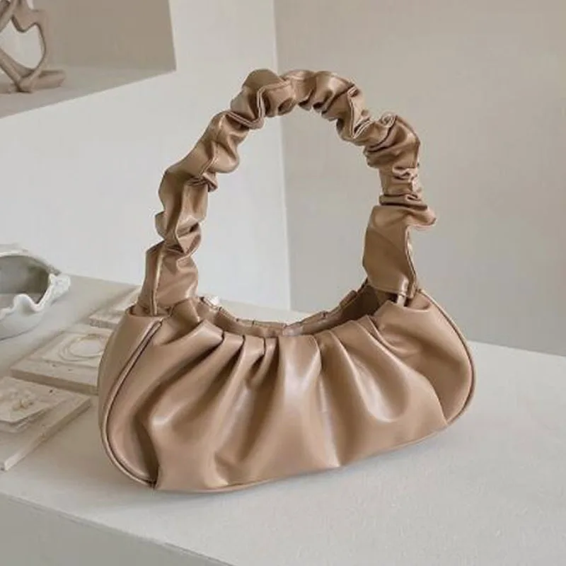 1pc Fashion Mini Handbag PU Leather Women\'s Dumpling Bag Simple Temperament Underarm Bag Fashion Pleated Cloud Bag