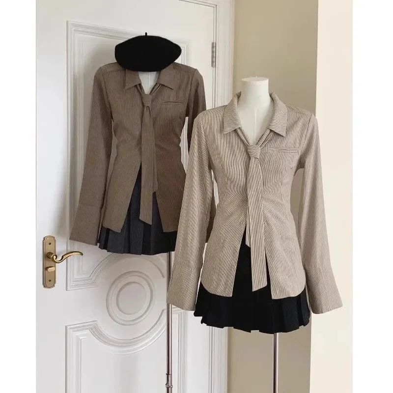 

Striped Shirt For Women Korean Version High-end and Stylish Slimming Waist and Long Sleeves Polo Collar Chic and Paired Tie Top