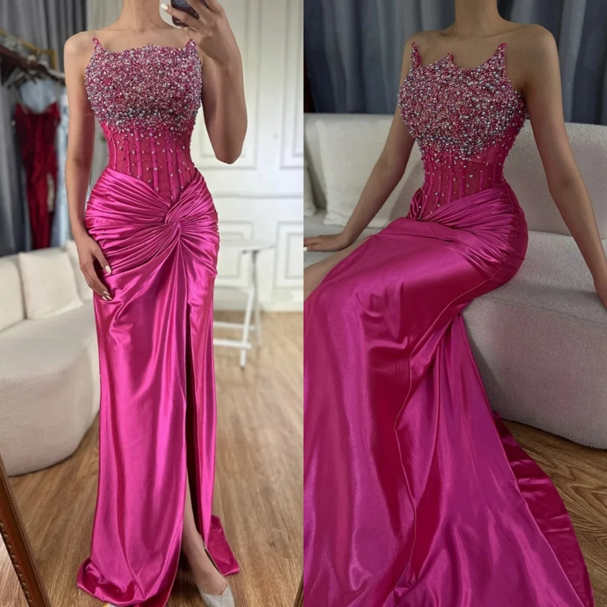 

Exquisite Mermaid Evening Dress Strapless Sleeveless Pearls Crystal Prom Gowns High Splits Floor Length Party Dresses Customized