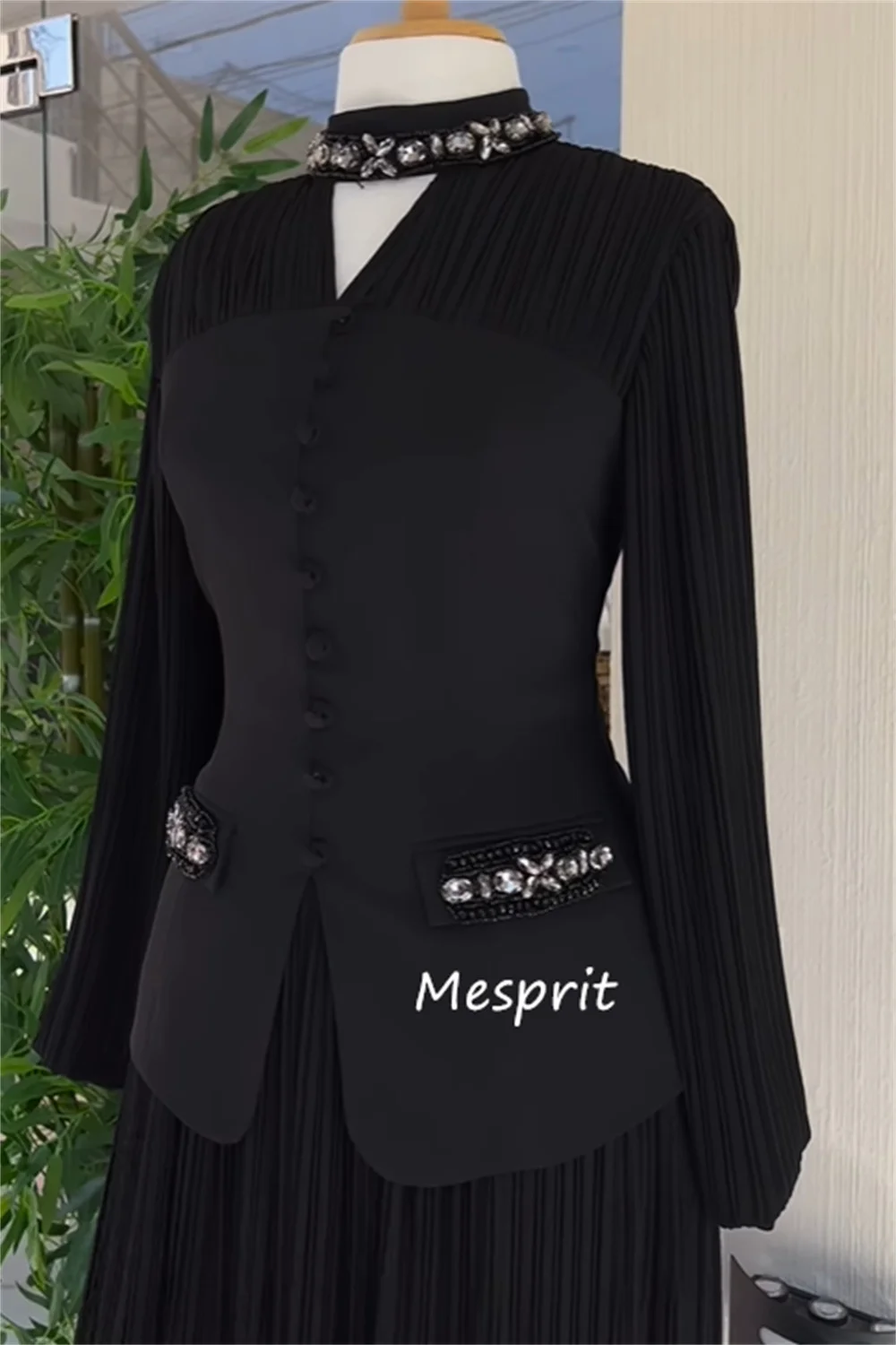 Customized Exquisite Jersey Pleat Sequined Button A-line V-neck Long Dresses Bespoke Occasion Sizes Available - Image 4