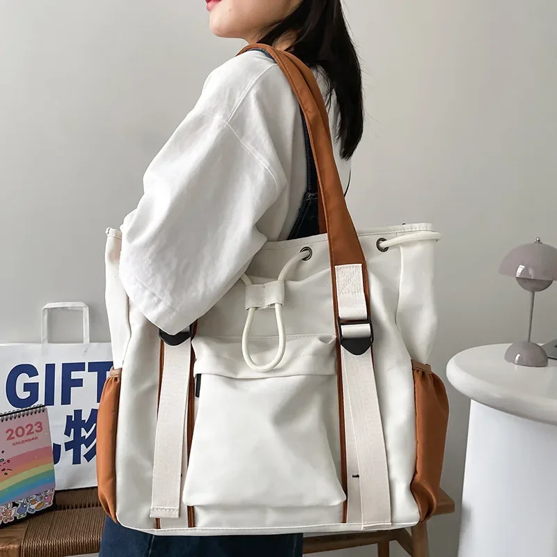 New Large Capacity Contrast Tote Handbag Simple Commuting Shoulder Casual Crossbody Bag Classroom Drawstring Zipper Buckle