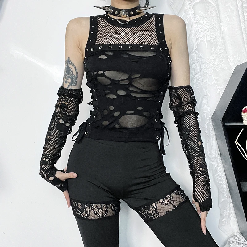 Goth Black Hollow Out Mesh Tank Tops Y2K Vintage Sexy Eyelet Lace-up Sleeveless Corset Crop Top Women Basic Tops Streetwear