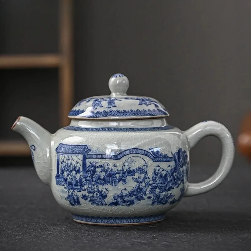 250ml Blue and White Porcelain Handmade Teapot Household Thousands of Miles Teapot Jingdezhen Pot Tea Making Kettle Teaset Gifts