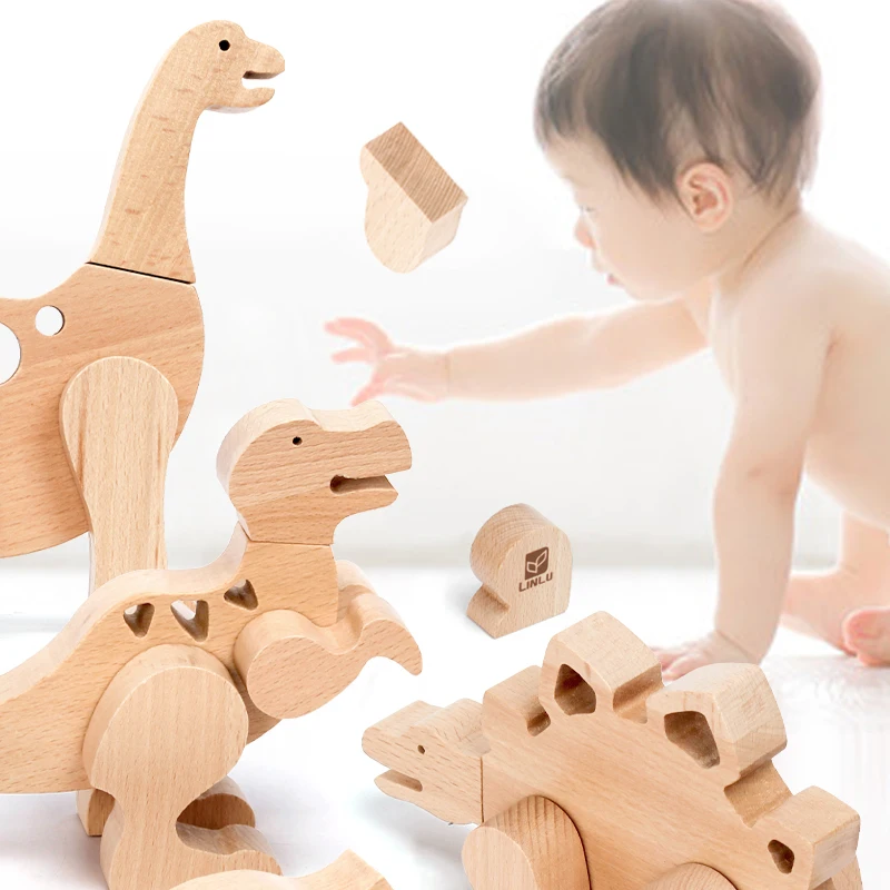 Wooden Dinosaur Cartoon Puzzle Children Montessori Toy Building Blocks for Kids Early Education Birthday Gift Magnetic Assembly