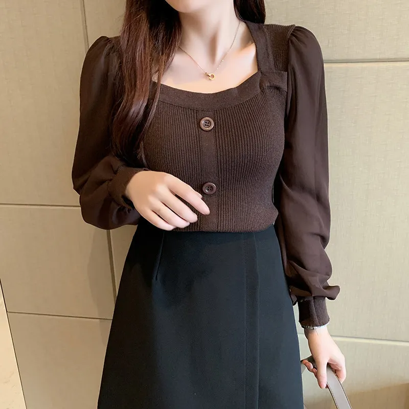 Women's Square Collar Solid Color Shirt Spring Autumn Knitted Patchwork Button Chiffion Long Sleeve Pullover Office Lady Blouse