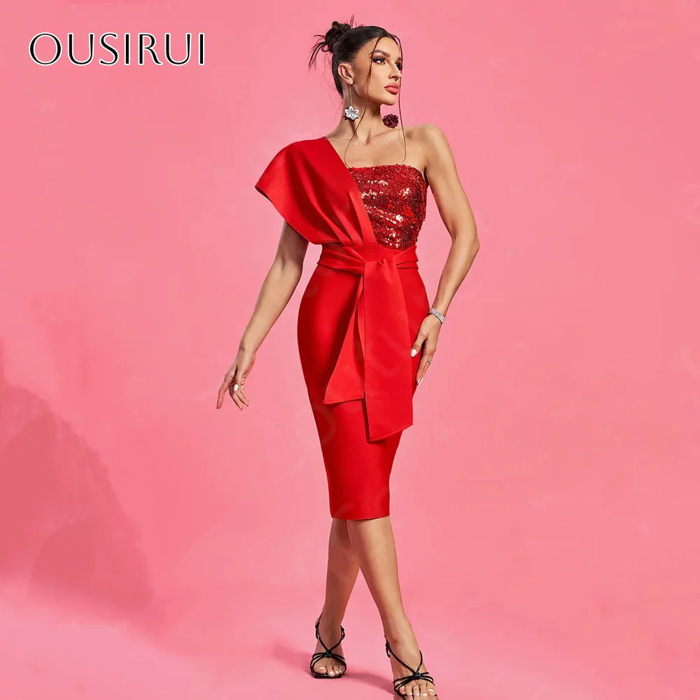 

One Shoulder Bow Satin Strapless Sequined Sheath Short Cocktail Dresses Knee Length Customized فساتين سهرات