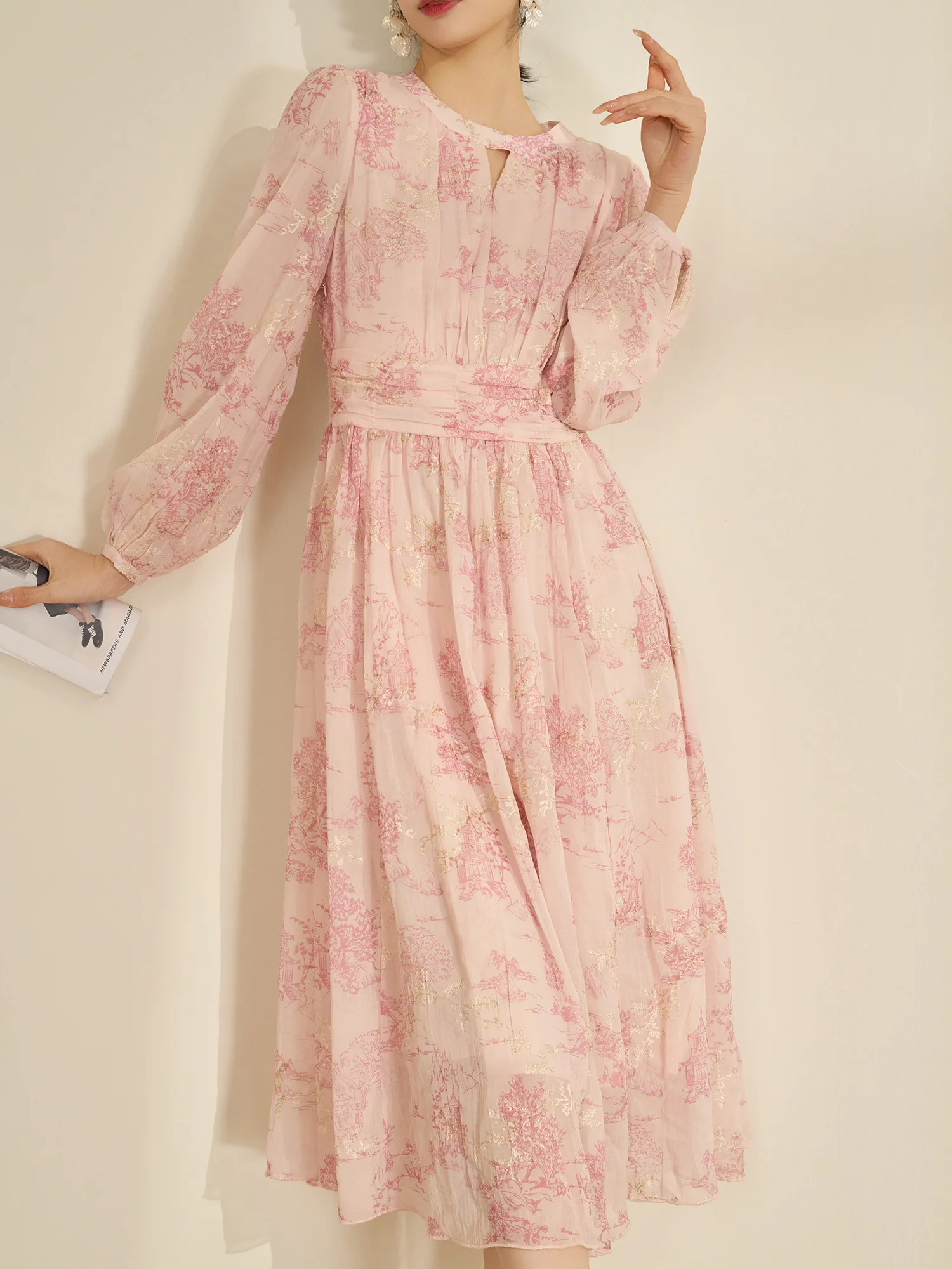 

Ele Floral Print Long Sve Dr Women's Pink Spring New Sle A-Line Skirt Comfortable Polyester Fiber Commute Sle