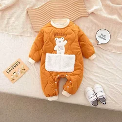 2024 Winter Baby Rompers 0-2Y Newborn Thicken Jumpsuit Girls Warm Clothes Boys Fur Lining Onesie Toddler Cartoon Bear Outwear