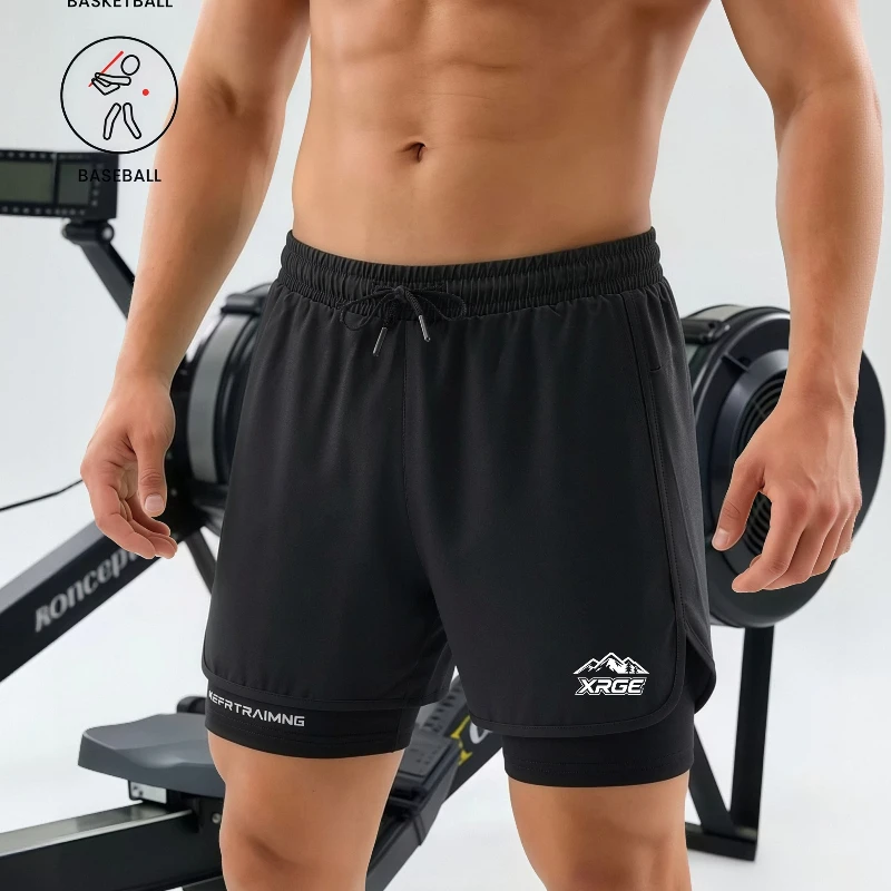 Brand 2 in1 Running Shorts for Men Gym Workout Compression Shorts with Phone Pocket Towel Loop Summer Sport Athletic Activewear