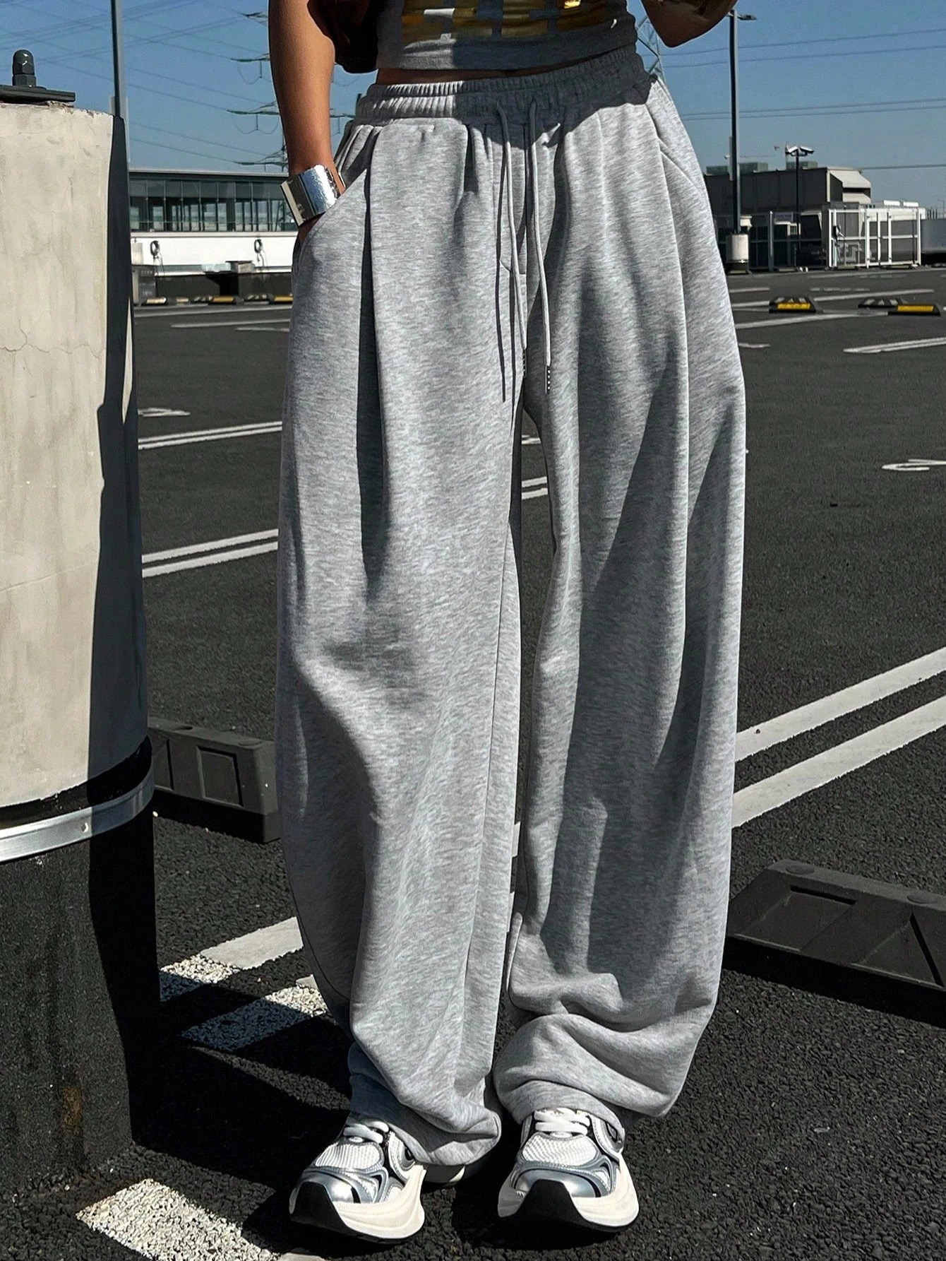 سراويل رياضية كاجوال نسائية عالية الخصر/طويلة فضفاضة مستقيمة سراويل الركض النسائية أزياء الشارع الشهير مقاس كبير