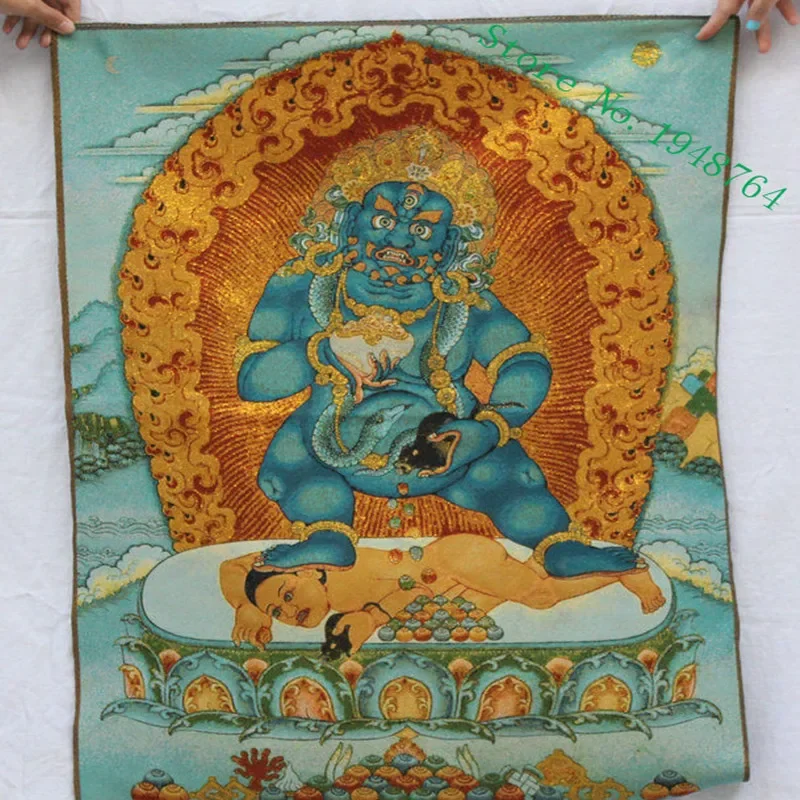 36 inch Tibet Buddhism Silk embroidery Yellow Jambhala Wealth God Thangka Painting Mural