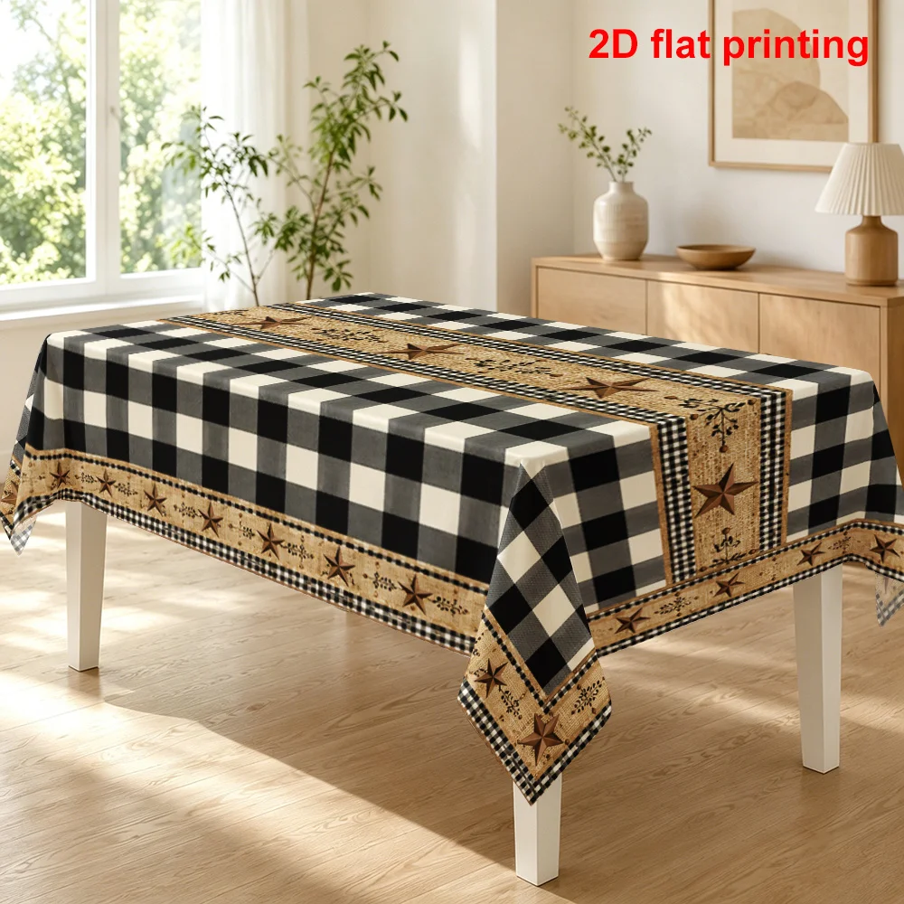 One piece of 2D flat-printed product, a rural-style black and white checkered tablecloth with star patterns.