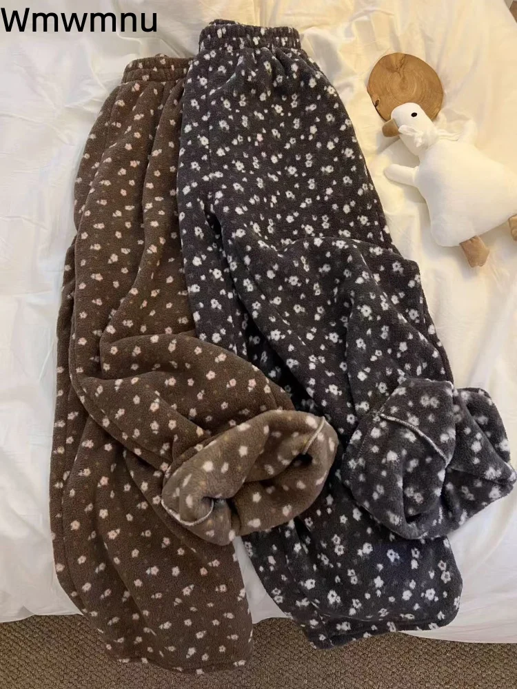 

Утолщенные теплые мешковатые брюки, женские повседневные эластичные широкие брюки с цветочным принтом, прямые свободные брюки с высокой талией, Calcas