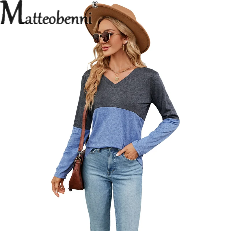 

Women's V Neck Pullover Loose Tops Autumn Winter Long Sleeve Casual Commuter T-Shirt Female 2023 Fashion New Color Blocking Tees