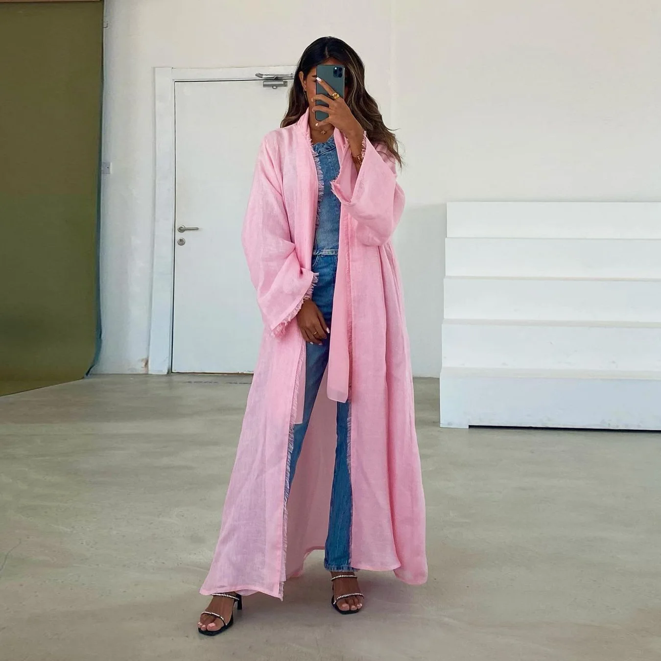 

Mq083 Solid Color Modern Long Skirt, Modern and Fashionable Cotton and Linen Cardigan, with Muslim Abaya on the Outside Elegant