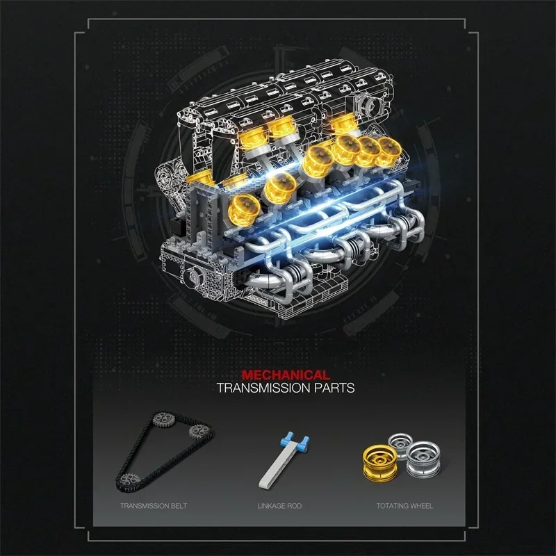 4719 Uds. Kit de construcción de modelo de Motor técnico V12 Motor de potencia mecánica DIY montaje de ladrillos juguetes educativos para niños adultos