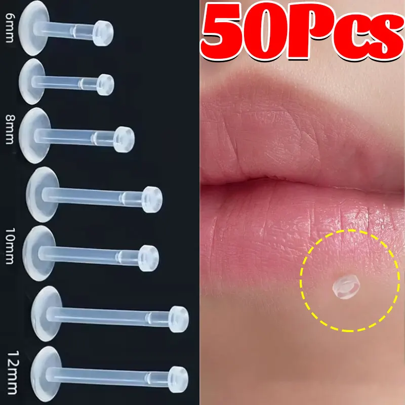 50/10 unidades de varilla suave acrílica transparente calibre 16, pendientes invisibles para labio y nariz, pendiente de hélice para oreja, joyería para Piercing corporal de 6mm, 8mm, 10mm y 12mm