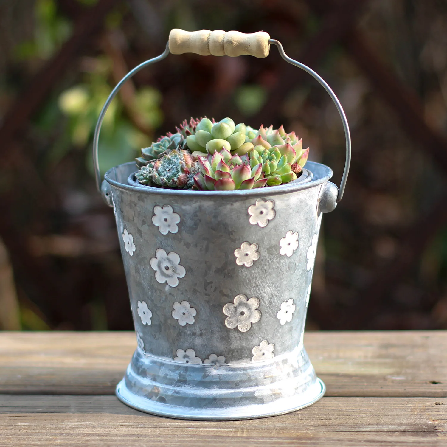 Vintage Iron Flower Box with Polka Dot Pattern, Rustic Metal Planter with Base & Handle, Farmhouse Tabletop Succulent Container