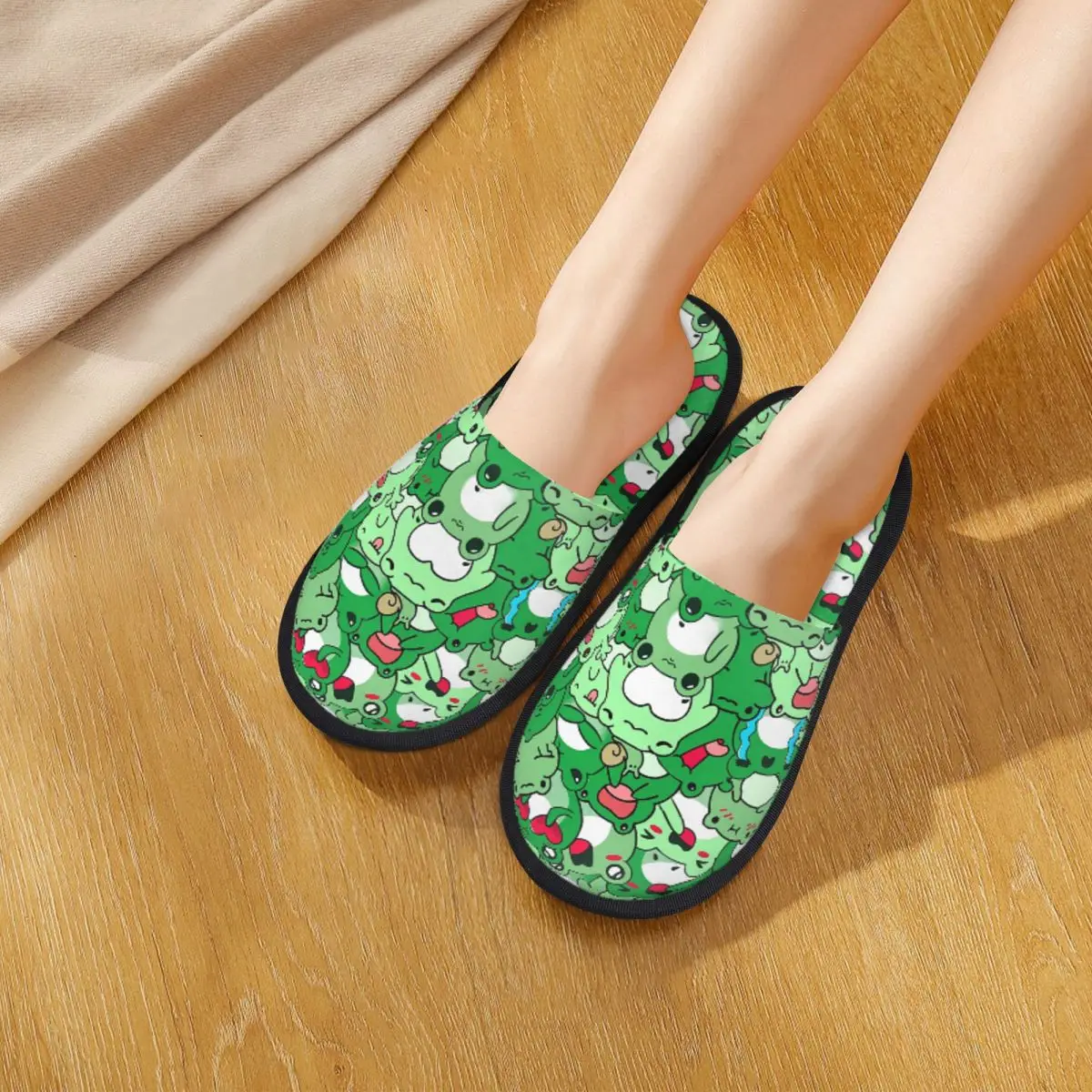 Custom Crowded Cute Frog Pattern Slippers Memory Foam Warm Soft Women House Slipper Bedroom Comfy Shoes