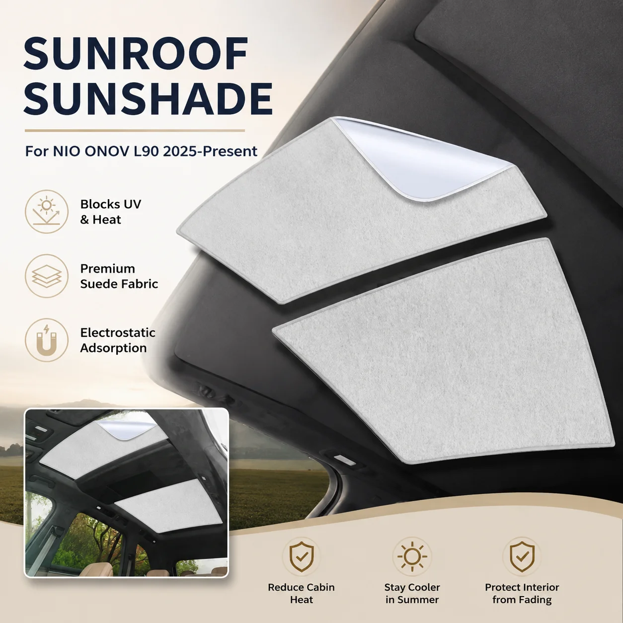 Car Anti-uv Electrostatic Adsorption Sunroof Sunshade For NIO ONOV L90 2025-Present Suede Fabric Auto Heat Insulation Skylight